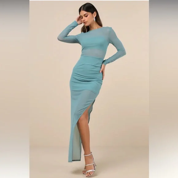 NWT - Lulus Alluring Silhouette Light Blue Sheer Mesh Backless Maxi Dress - Picture 3 of 7